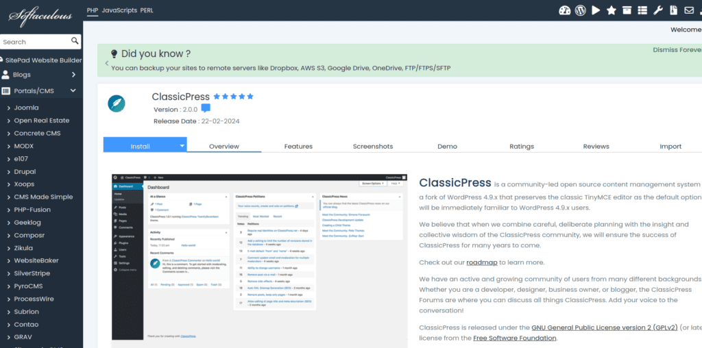 Installation of ClassicPress using Softaculous