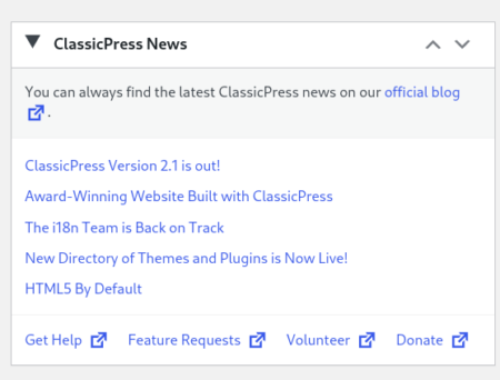 Image from classicpress dashboard showing update to ClassicPress